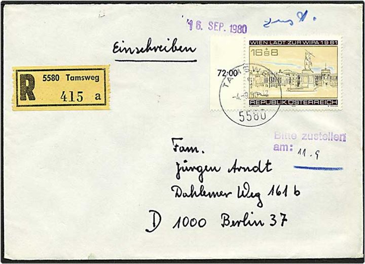 16+8 shilling på Rec. brev fra Tamsveg, Østrig, d. 4.9.1980 til Berlin, Tyskland.