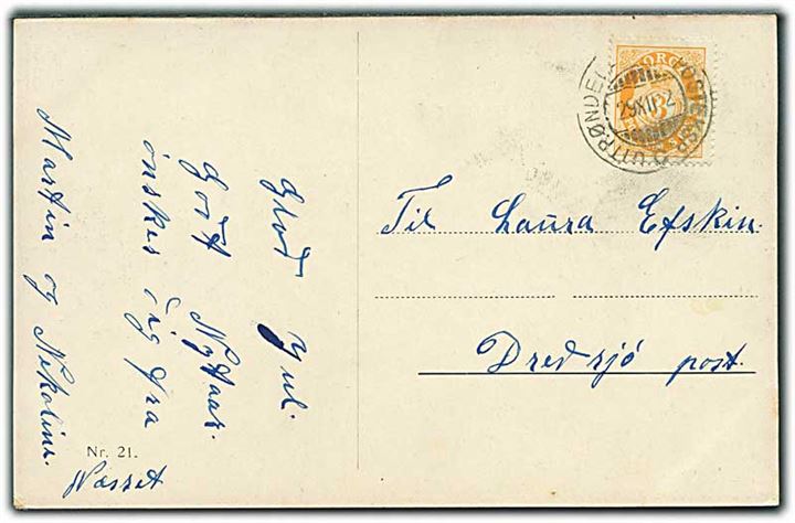 3 øre Posthorn på lokalt brevkort annulleret med sejlende bureaustempel Uttrøndelagens Posteksp. C d. 29.12.1912 til Dredsjö.