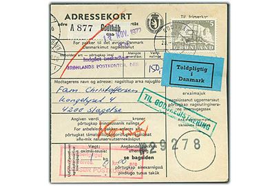 5 kr. Ishavsskib single på adressekort for pakke fra Godthåb d. 28.10.1972 til Slagelse. Stemplet Indgået beskadiget / Grønlands Postkontor.