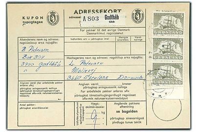 5 kr. Ishavsskib i 3-stribe på adressekort for pakke fra Godthåb d. 27.10.1972 til Stenløse.