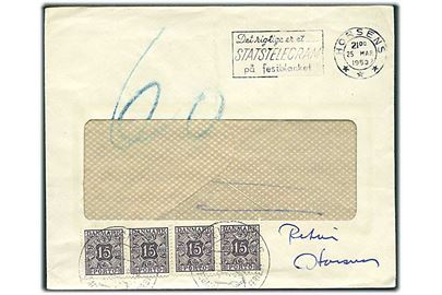 Ufrankeret rudekuvert fra Horsens d. 25.3.1953 til Juelsminde. Udtakseret i porto med 15 øre Portomærke i 4-stribe stemplet Juelsminde d. 26.3.1953. På bagsiden påskrevet: Modtagelse Nægtet.
