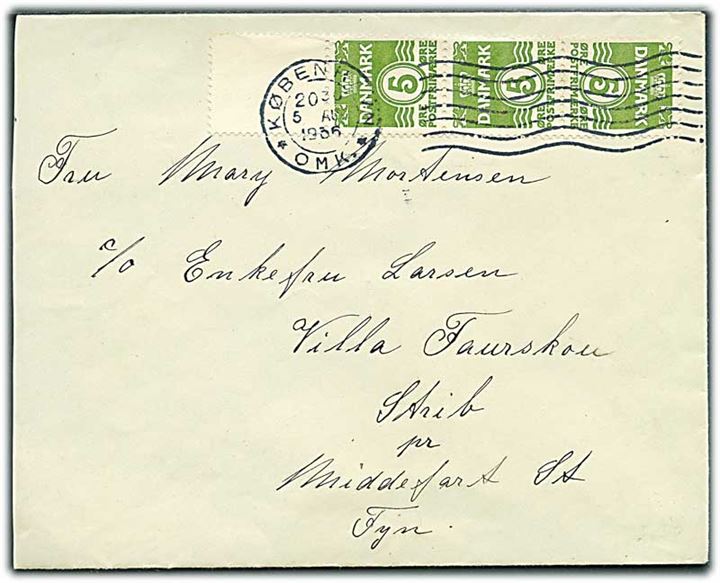 5 øre Bølgelinie i tête-bêche 3-stribe på brev fra København d. 5.8.1936 til Strib pr. Middelfart.