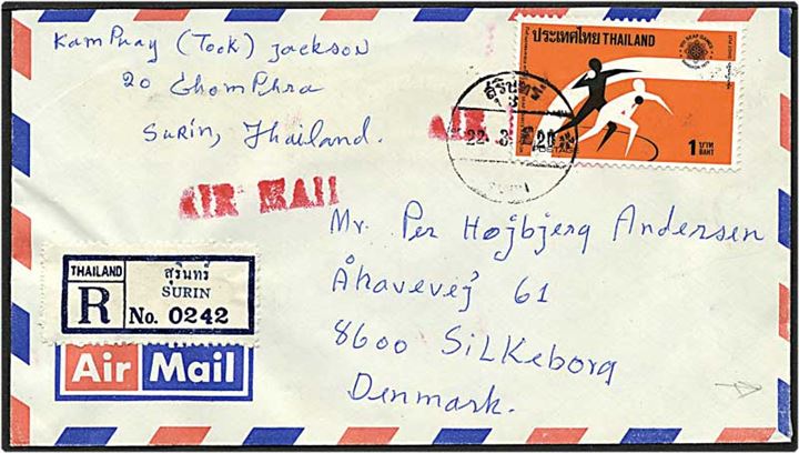 Rec. luftpost brev fra Surin, Thailand, til Silkeborg.