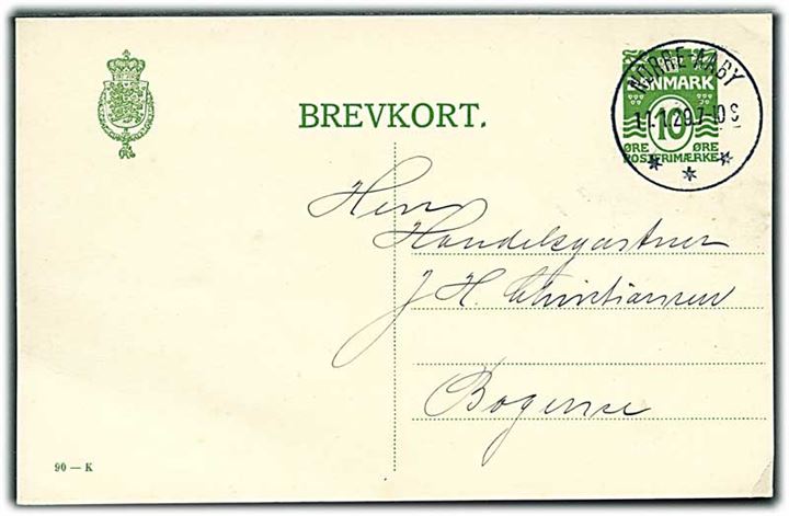 10 øre helsagsbrevkort (fabr. 90-K) annulleret med brotype IIIb Nørre-Aaby d. 11.1.1929 til Bogense.