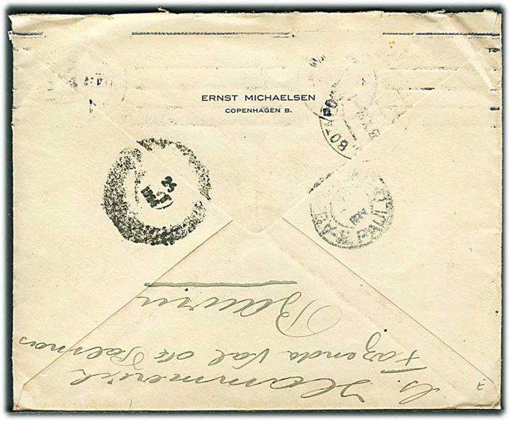 20 øre Chr. X med perfin VOCo (Vacuum Oil Company) på brev fra Ernst Michaelsen i København d. 30.9.1924 til Rio de Janeiro, Brasilien - eftersendt flere gange.