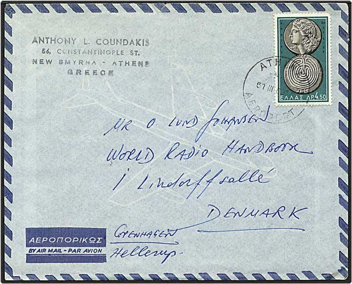 Luftpost brev fra Athen, Grækenland, d. 31.3.1960 til Hellerup.