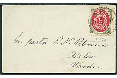 8 øre Tofarvet på brev annulleret med lapidar Varde d. 15.9. ca. 1879 til Alslev pr. Varde.
