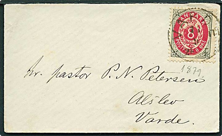 8 øre Tofarvet på brev annulleret med lapidar Varde d. 15.9. ca. 1879 til Alslev pr. Varde.