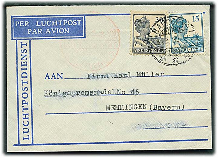 Hollandsk Ostindien. 15 c. og 30 c. Wilhelmina på luftpostbrev fra Bandoeng 1933 til Memmingen, Tyskland. Tysk luftpost stempel.