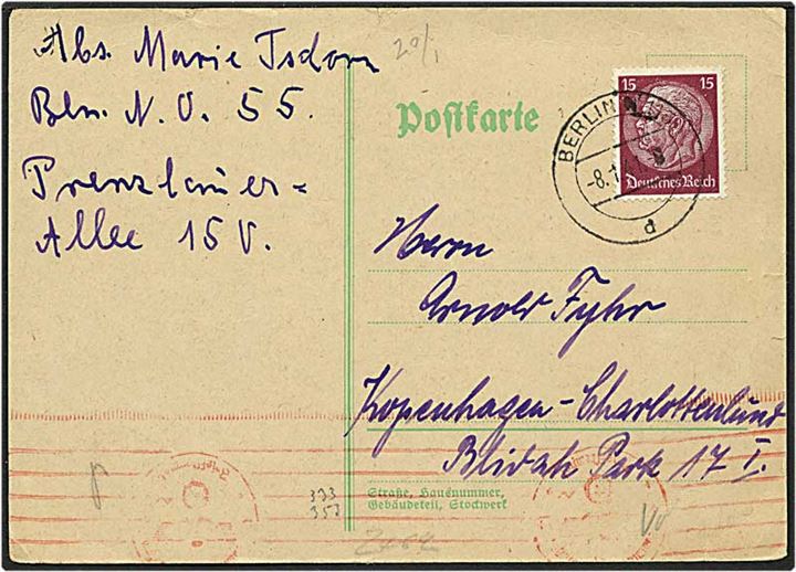 15 pfg Hindenburg på brevkort fra Berlin, Tyskland, d. 8.1.1941 til Charlottenlund. Passér stemplet ved den tyske censur i Berlin.