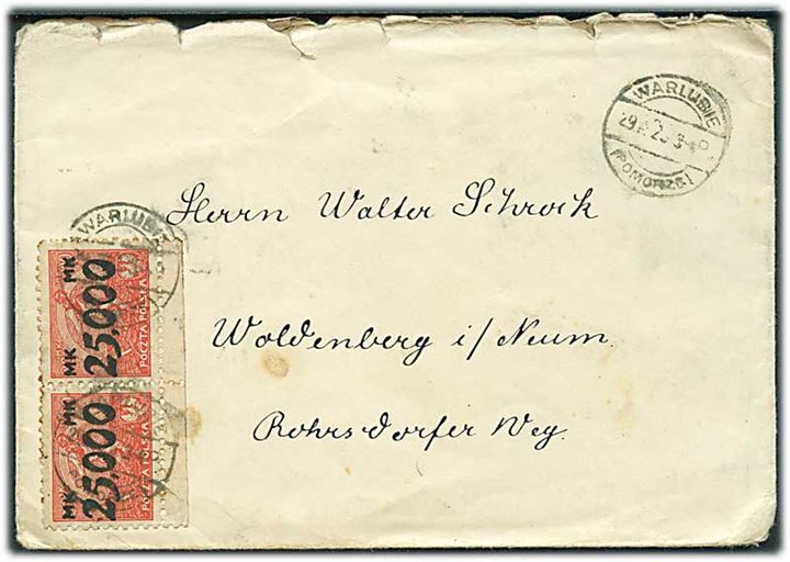 25.000 mk/20 mk. Provisorium i parstykke på Infla brev fra Warlubie ca. 1923 til Woldenberg, Tyskland.