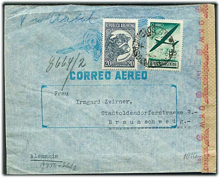 20 c. og 1,25 p. på luftpostbrev fra Buenos Aires d. 11.9.1942 til Braunschweig, Tyskland. Påskrevet via Natal. Åbnet af tysk censur i Berlin.