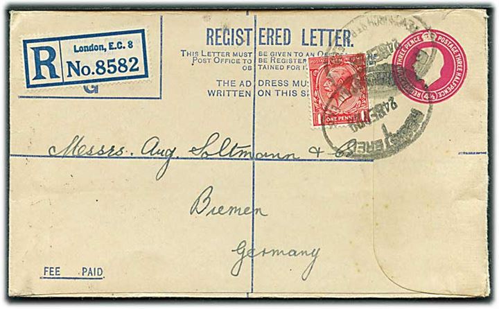 4½d George V anbefalet helsagskuvert opfrankeret med 1d George V fra London d. 24.9.1929 til Bremen, Tyskland.
