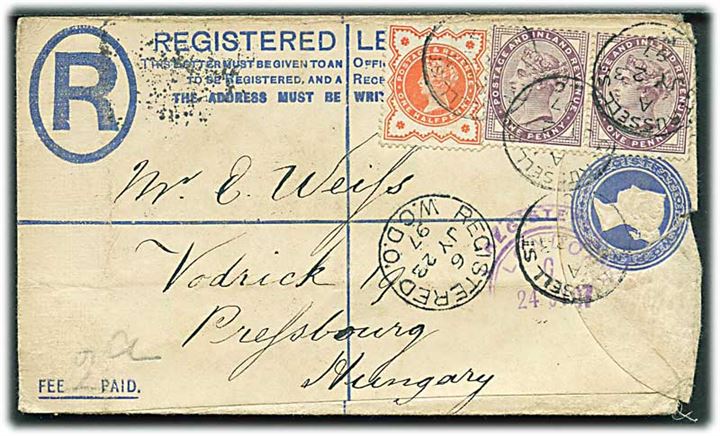2d Victoria anbefalet helsagskuvert opfrankeret med 2½d fra London d. 23.7.1897 til Pressbourg, Ungarn.