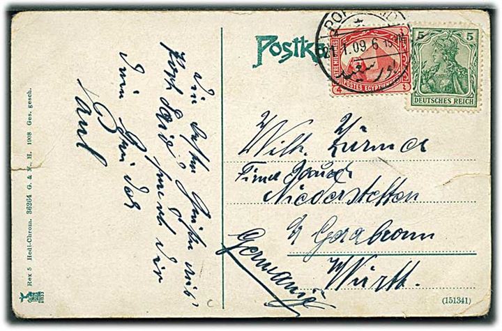 4 mills og tysk 5 pfg. Germania på brevkort fra Port Said d. 21.1.1909 til Tyskland.