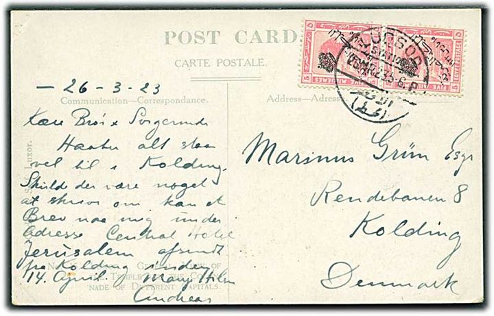 5 mills provisorium i parstykke på brevkort stemplet Luqsor Station d. 26.3.1923 til Kolding, Danmark.