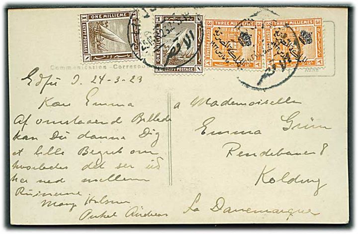 1 mill (2) og 3 mills (2) Provisorium på brevkort fra Luqsor d. 24.3.1923 til Kolding, Danmark.