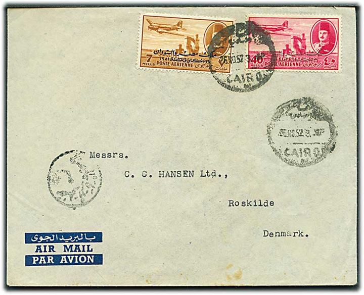 7 mills og 40 mills Provisorium på luftpostbrev fra Cairo d. 26.11.1952 til Roskilde, Danmark.