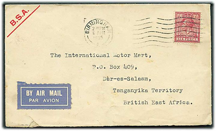 6d George VI på luftpostbrev fra Birmingham d. 6.4.1935 til Dar-es-Salam, Tanganyika Territory, British East Africa. 