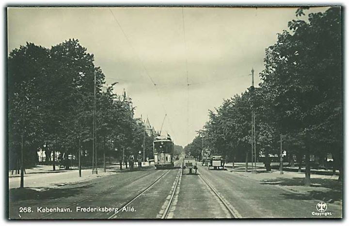 Frederiksberg Allé med sporvogn linie 1, no. 143, København. Fotokort. Alex Vincents no. 268.