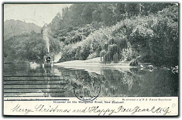 ½d (2) på brevkort (Steamer on the Wanganui River) stemplet Prarparauma d. 23.11.1904 til Hamburg, Tyskland. Påskrevet via Frisco.