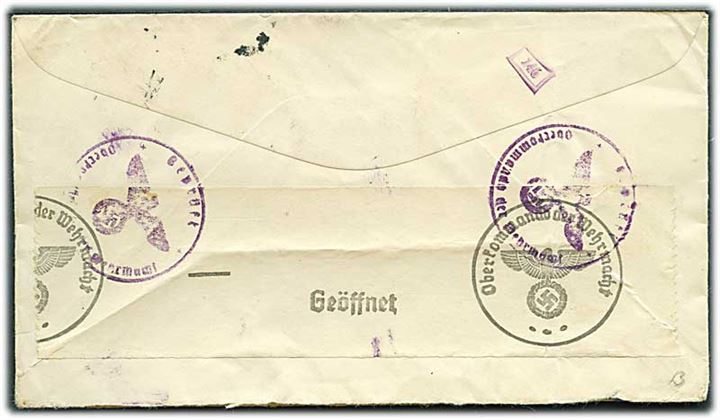 5 cents Monroe og 30 cents Winged Globe på luftpostbrev fra Red Bank d. 23.10.1940 til København, Danmark. Åbnet af tysk censur.