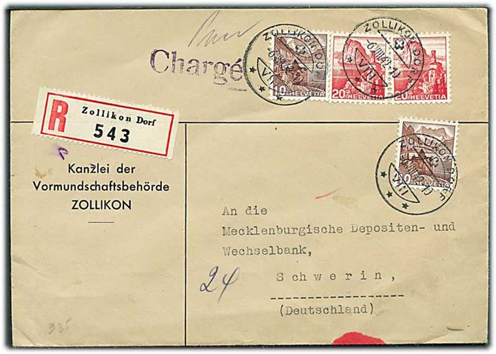 10 c. (2) og 20 c. (2) på anbefalet brev fra Zollikon d. 6.8.1942 til Schwerin, Tyskland. Åbnet af tysk censur i Frankfurt.