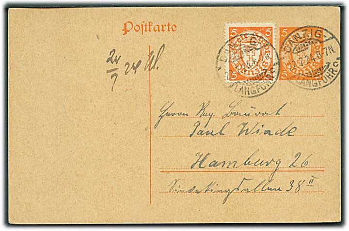 5 pfg. helsagsbrevkort opfrankeret med 5 pfg. Våben stemplet Danzig Langfuhr d. 22.7.1924 til Hamburg.