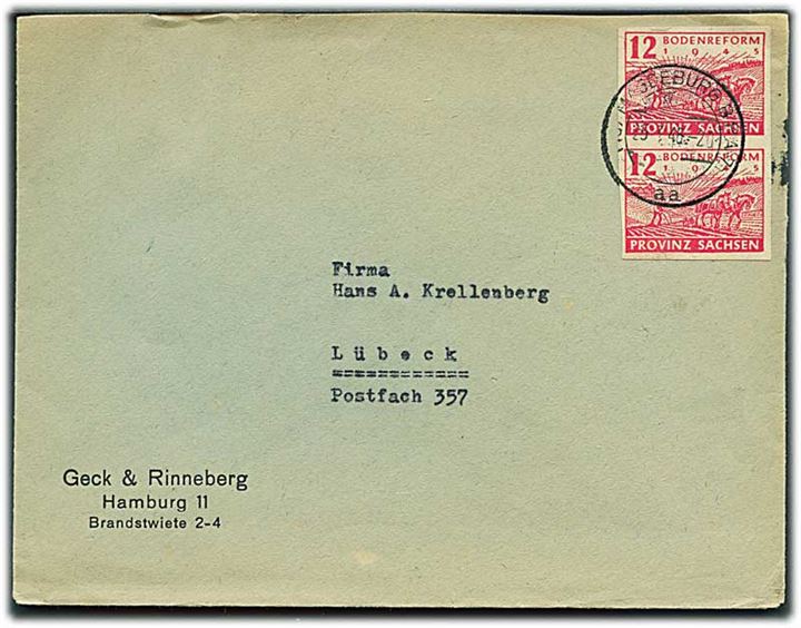 SBZ - Sachsen. 12 pfg. utakket i parstykke på brev fra Magdeburg d. 25.3.1946 til Lübeck.