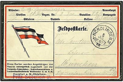 Dekorativt fortrykt feltpost kort anvendt fra Nördlingen d. 5.7.1915 til München, Tyskland. Kortet fremstillet til gratis brug for soldater af Torpedo-cykel-skrivemaskine og Lazarett-møbelfabrik Weilwerk Gmbh i Frankfurt. 