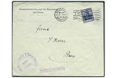 Tysk post i Belgien. Belgien 25 Cent./20 pfg. Germania provisorium på brev fra Kohlenzentrale in Belgien stemplet Brüssel d. 10.11.1916 til Bern, Schweiz. Liniestempel: Reichdienstsache.