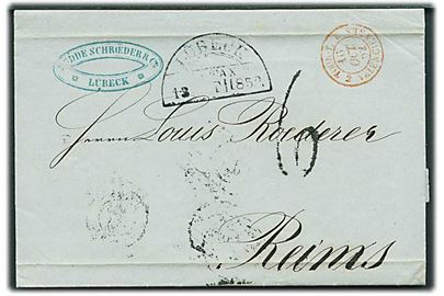 1852. Portobrev fra Lübeck med Thurn & Taxis stempel d. 13.10.1852 til Reims, Frankrig. Fransk portostempel 6.