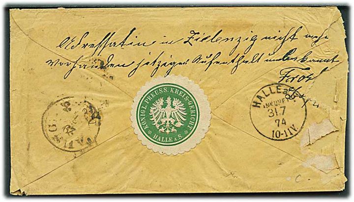 1 gr. Brystskjold på brev fra Halle d. 28.7.1874 til Zielenzag. Retur som ubekendt. 