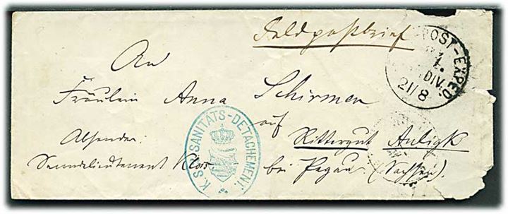 1870. Ufrankeret feldpostbrev fra den tysk-franske krig stemplet Feld-Post-Exped. d. 21.8.1870 med ovalt afdelingsstempel: K.S.Sanitäts-Detachement. 