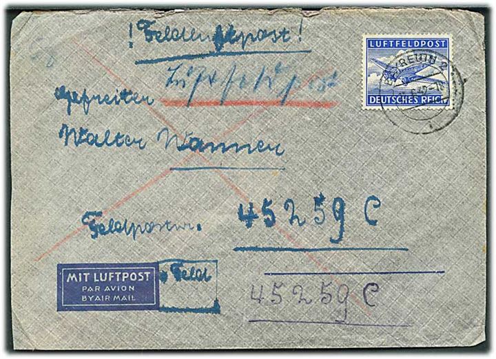 Luftfeldpost mærke på Luftfeldpostbrev fra Berlin d. 11.6.1942 til feldpost nr. 45259C = 6. Batterie Artillerie-Regiment 389 på østfronten. Afdeling tabt ved Stalingrad.