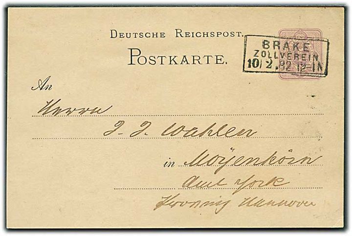 5 pfg. Ciffer helsagsbrevkort annulleret med rammestempel Brake Zollverein d. 10.2.1882 til Moÿenhorn.