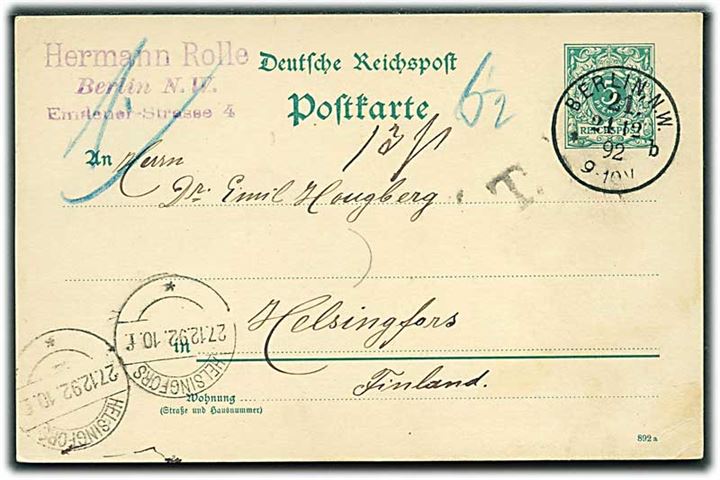 5 pfg. helsagsbrevkort fra Berlin d. 24.12.1892 til Helsingfors, Finland. Sort T portostempel og udtakseret i 13 pen. finsk porto.