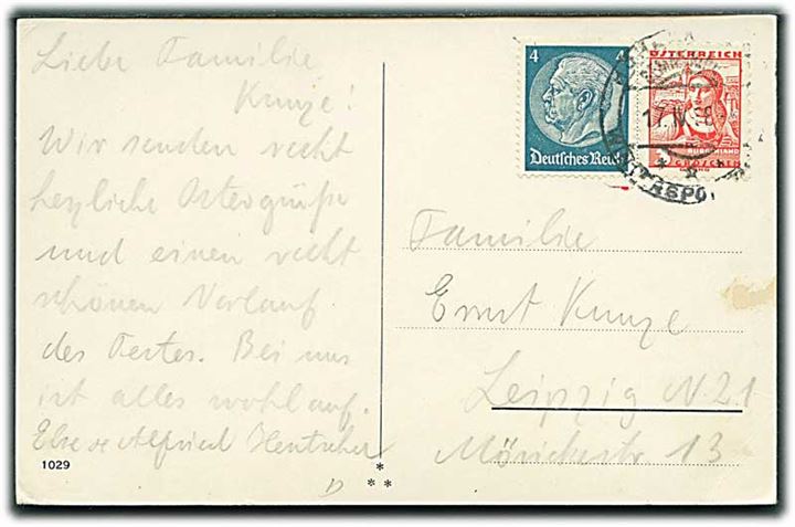 Tysk 4 pfg. Hindenburg og østrigsk 3 gr. på blandingsfrankeret brevkort fra Anschluss-perioden med svagt stempel d. 17.4.1938 til Leipzig, Tyskland.