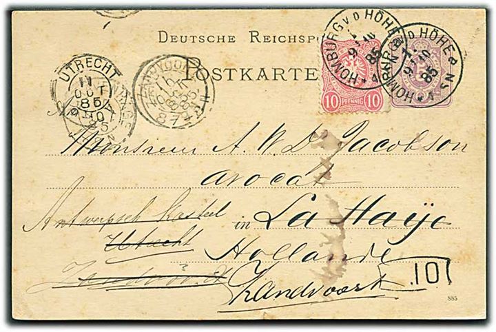 5 pfg. Ciffer helsagsbrevkort opfrankeret med 10 pfg. Adler fra Homburg v. d. Höhe d. 9.10.1885 til Haag, Holland - eftersendt flere gange.
