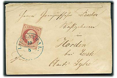 1 gr. utakket på brev annulleret med blåt Lillenthal d. 19.8.186x via Brinkum til Hörden.