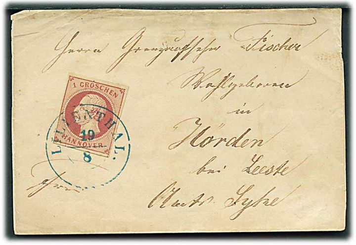 1 gr. utakket på brev annulleret med blåt Lillenthal d. 19.8.186x via Brinkum til Hörden.
