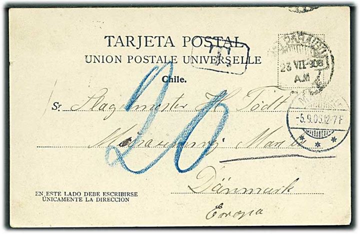 Ufrankeret brevkort fra Valparaiso, Chile d. 23.7.1906 med T stempel til Maribo, Danmark. Udtakseret i 20 øre dansk porto.