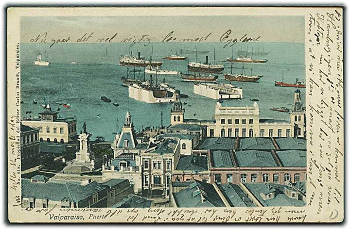 Ufrankeret brevkort fra Valparaiso, Chile d. 23.7.1906 med T stempel til Maribo, Danmark. Udtakseret i 20 øre dansk porto.