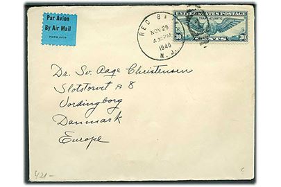 30 cents Winged Globe på luftpostbrev fra Red Bank d. 25.11.1940 til Vordingborg, Danmark. På bagsiden 2 Julemærker fra DBS/DSS Home for Aged Metuchen N.J. Åbnet af tysk censur i Frankfurt.