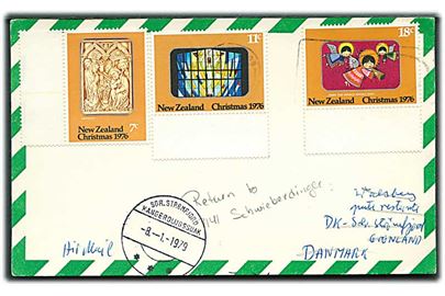 New Zealand Jule udg. på luftpost brevkort fra Wellington 1979 til Sdr. Strømfjord, Grønland. 