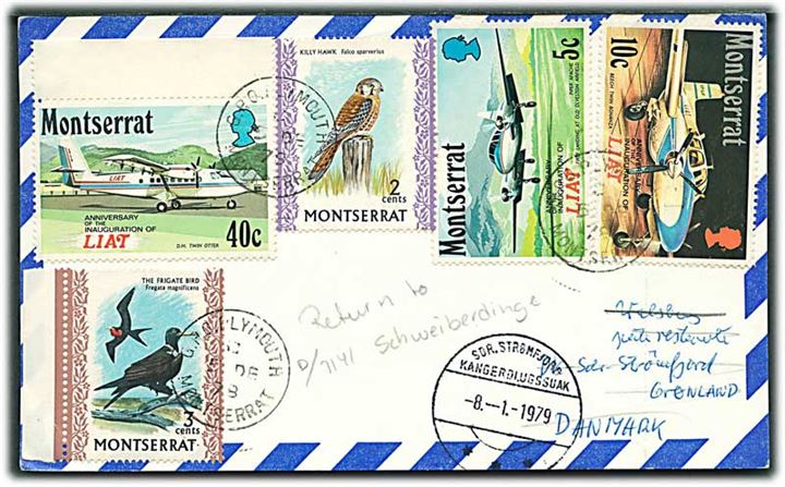 Montserrat 60 c. frankeret luftpost brevkort fra Plymouth d. 5.12.1979 til Sdr. Strømfjord, Grønland.