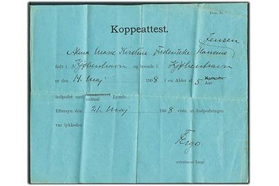 Koppeattest - formular 11 anvendt i København d. 14.5.1908.