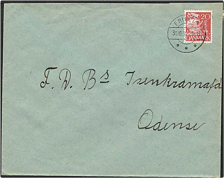 20 øre rød karavel på brev fra Frifelt d. 30.10.1942 til Odense. Frifelt IIc brotypestempel.