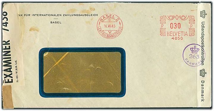 30 c. franko stemplet rudekuvert fra Basel d. 16.7.1945 til Danmark. Åbnet af britisk censur no. 7438 og dansk efterkrigscensur (krone)/263/Danmark.