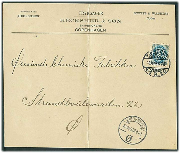 4 øre Tofarvet med perfin H&S på tryksags brevkort fra firma Hecksher & Søn sendt lokalt i Kjøbenhavn d. 23.4.1903. Lodret fold.